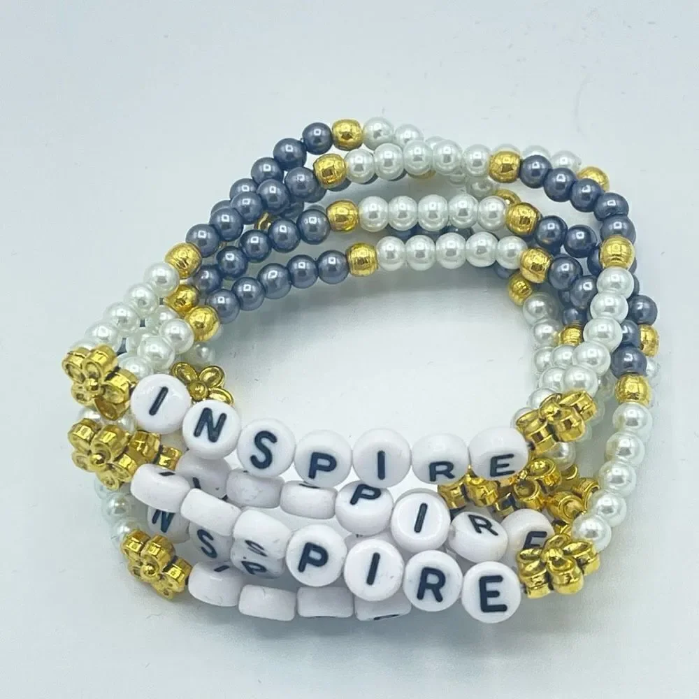 Inspire spell out beaded stretch bracelet ONE NEW Stackable pearl beads white gr